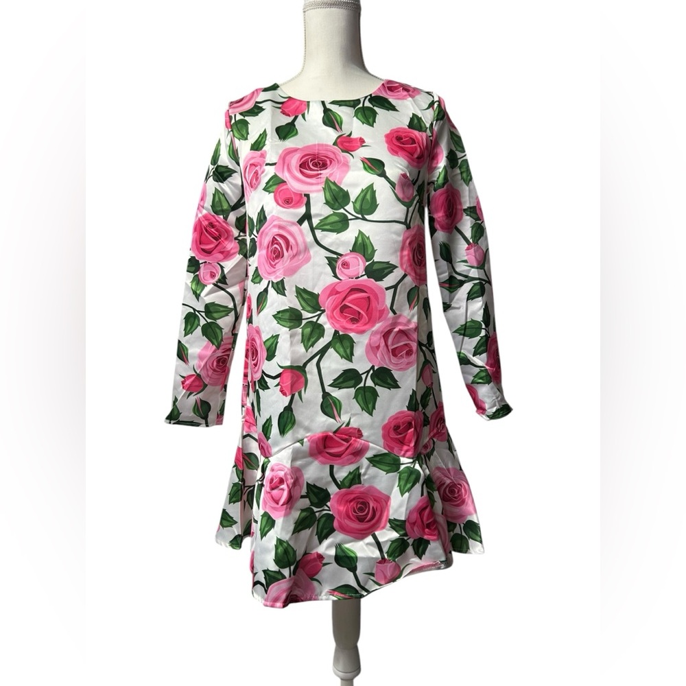 POPREAL women’s long sleeve pink rose floral pattern mini dress ruffle bottom